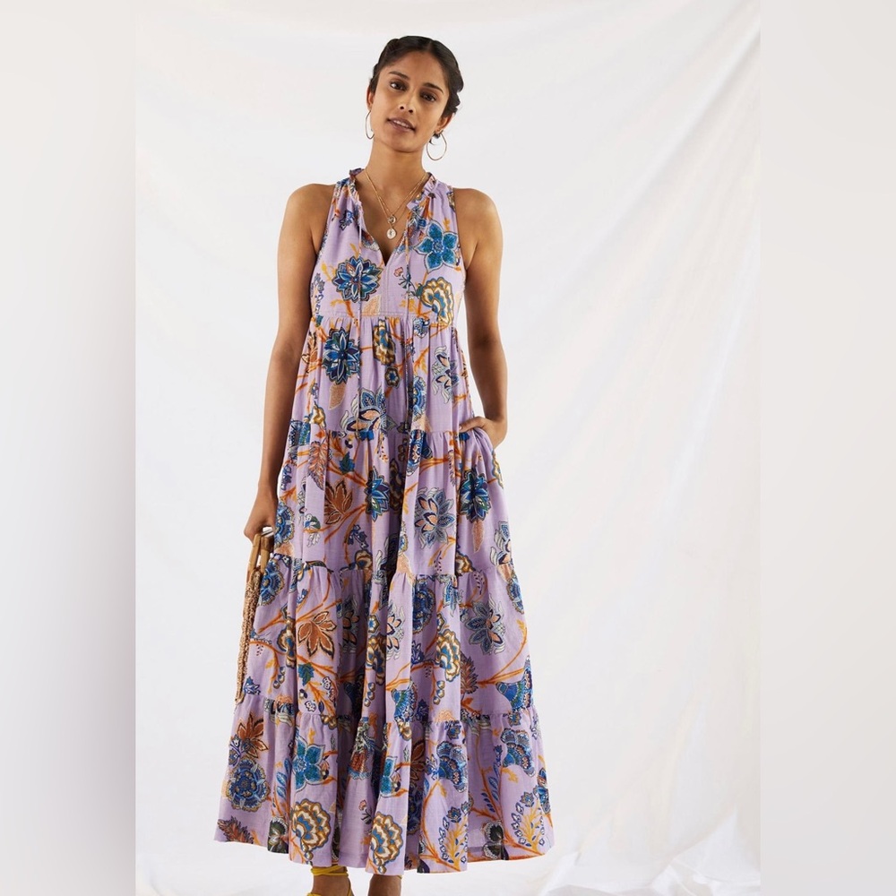 ANTHROPOLOGIE TIERED ABSTRACT MAXI DRESS SLEEVELESS FLORAL LILAC SIZE SMALL